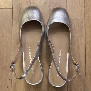 Stuart Weitzman Silver Slingback Block Heels Almond/Square Toe